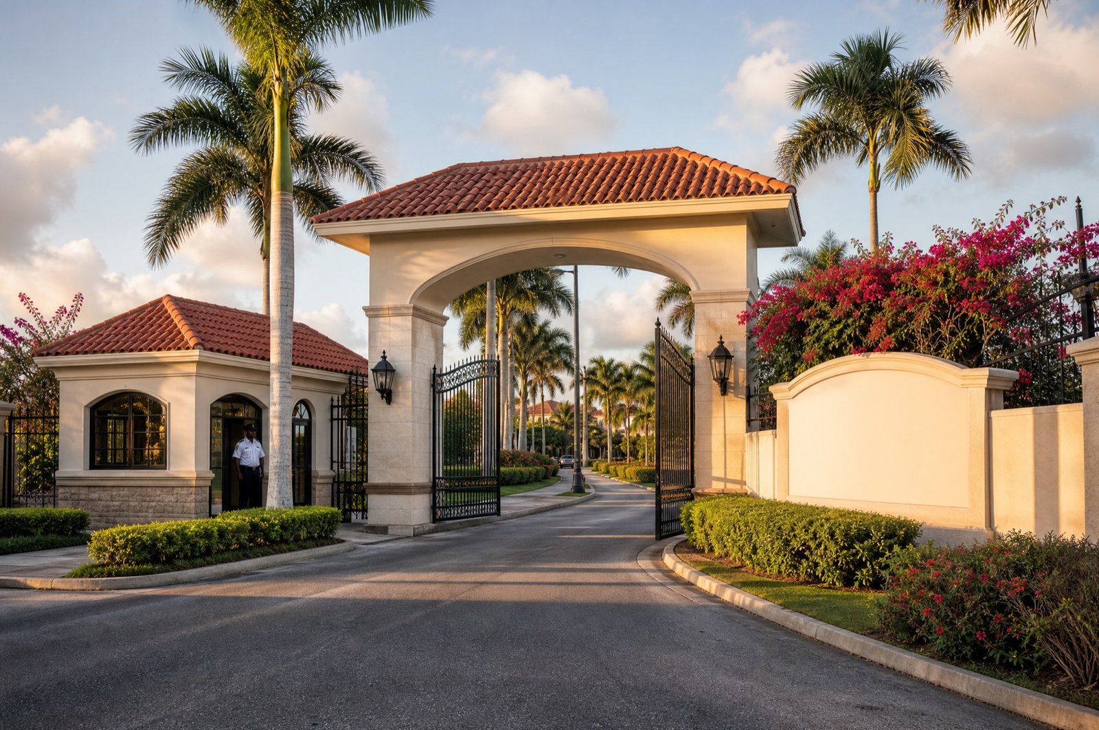 Gated entrance with gatehouse and palm-lined driveway at sunset