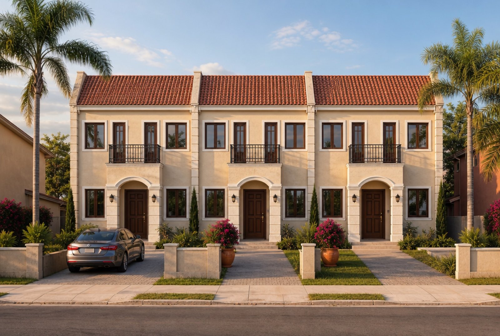 Front elevation of a three-unit townhome terrace