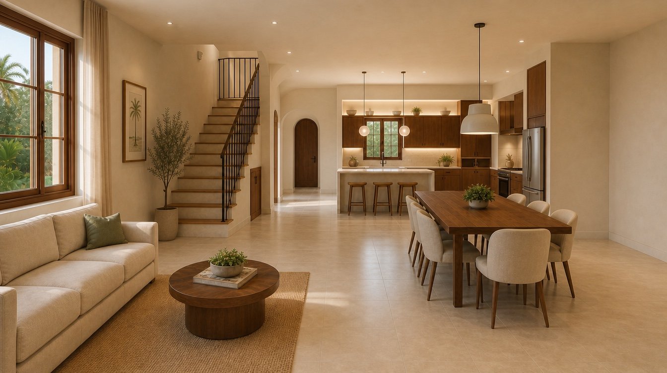 Open-plan living, dining and kitchen with staircase and garden window