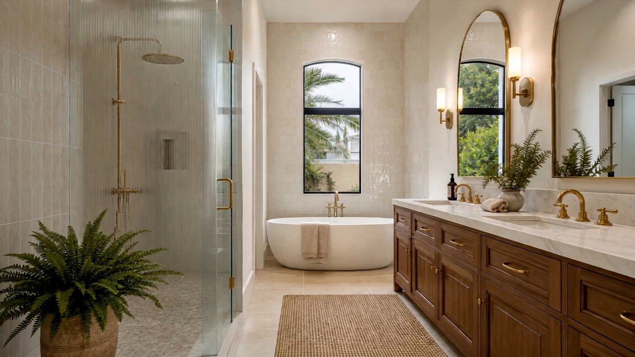 Master bathroom with freestanding tub, walk-in shower and double vanity