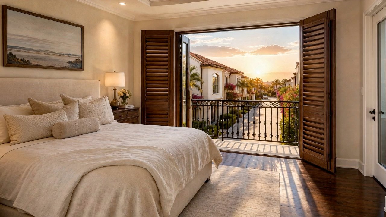 Master bedroom with louvred doors opening onto a private balcony
