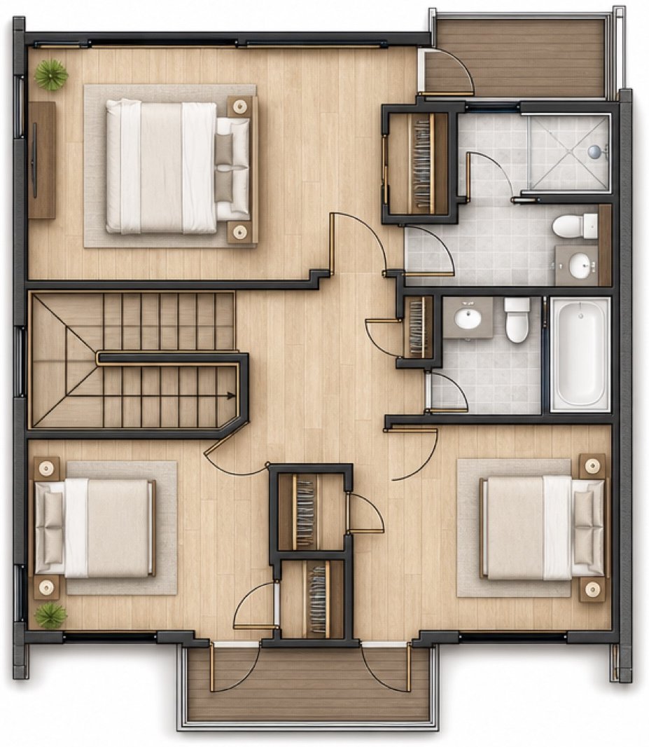 Rendered first floor plan: master bedroom, two bedrooms, two bathrooms