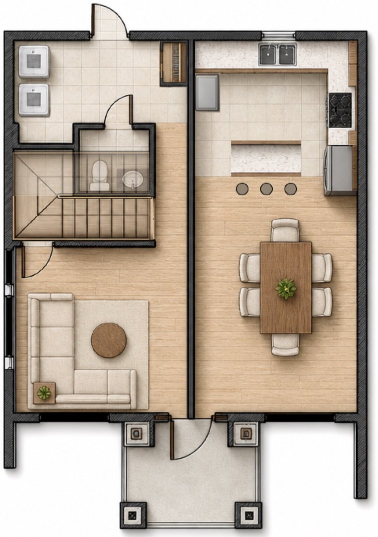 Rendered ground floor plan: entry porch, living, dining, kitchen, laundry, toilet