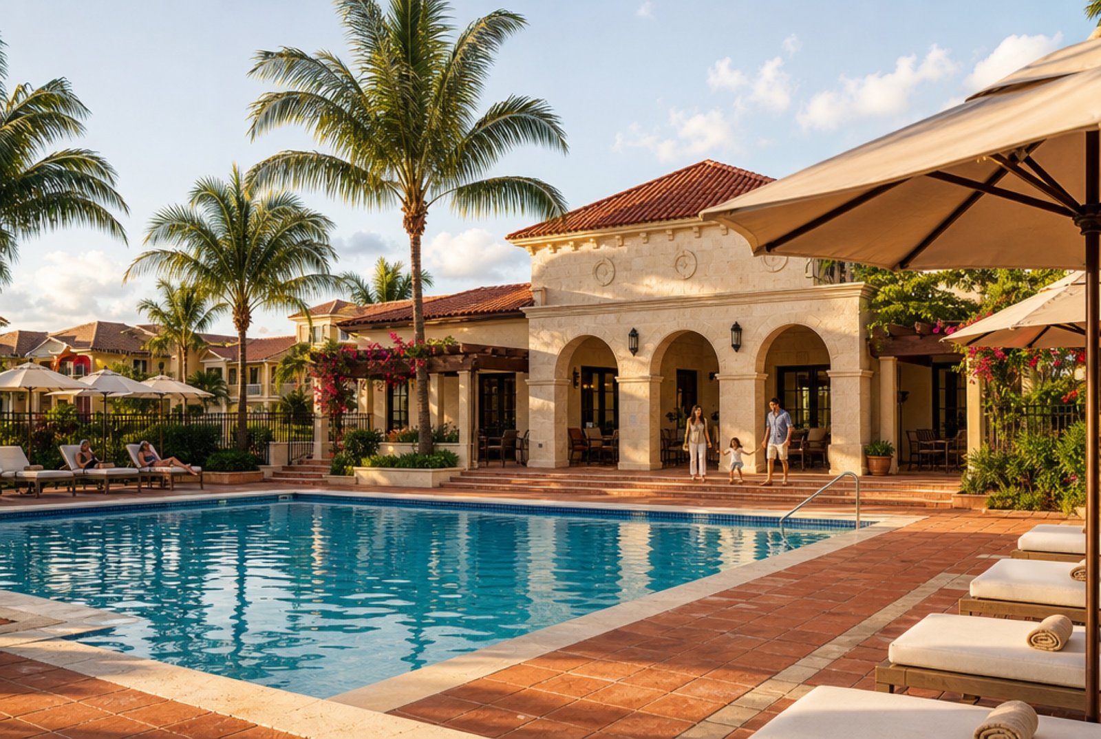 Community swimming pool with clubhouse and loungers