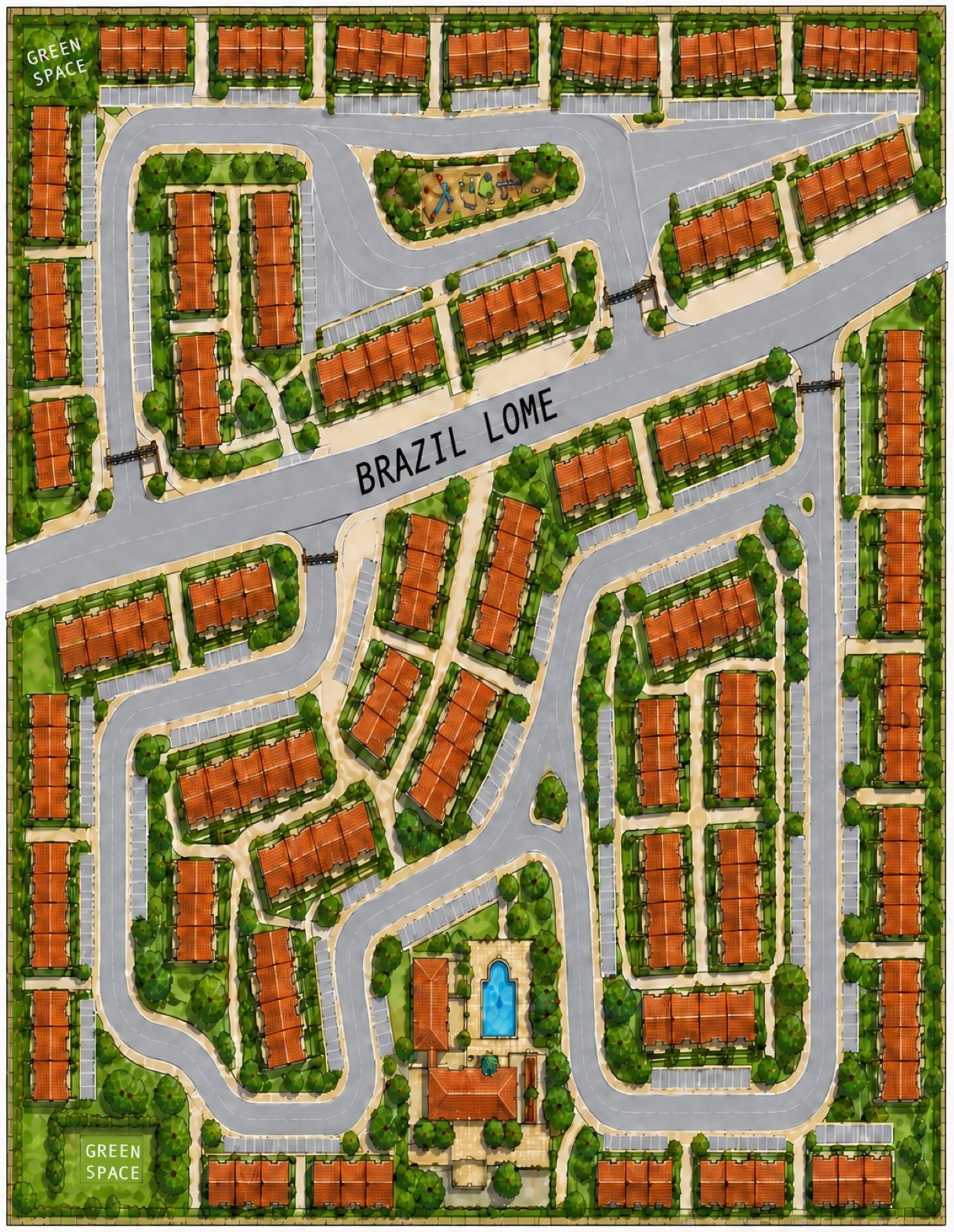 Coloured site layout plan showing streets, terraces, green space, playground and community centre