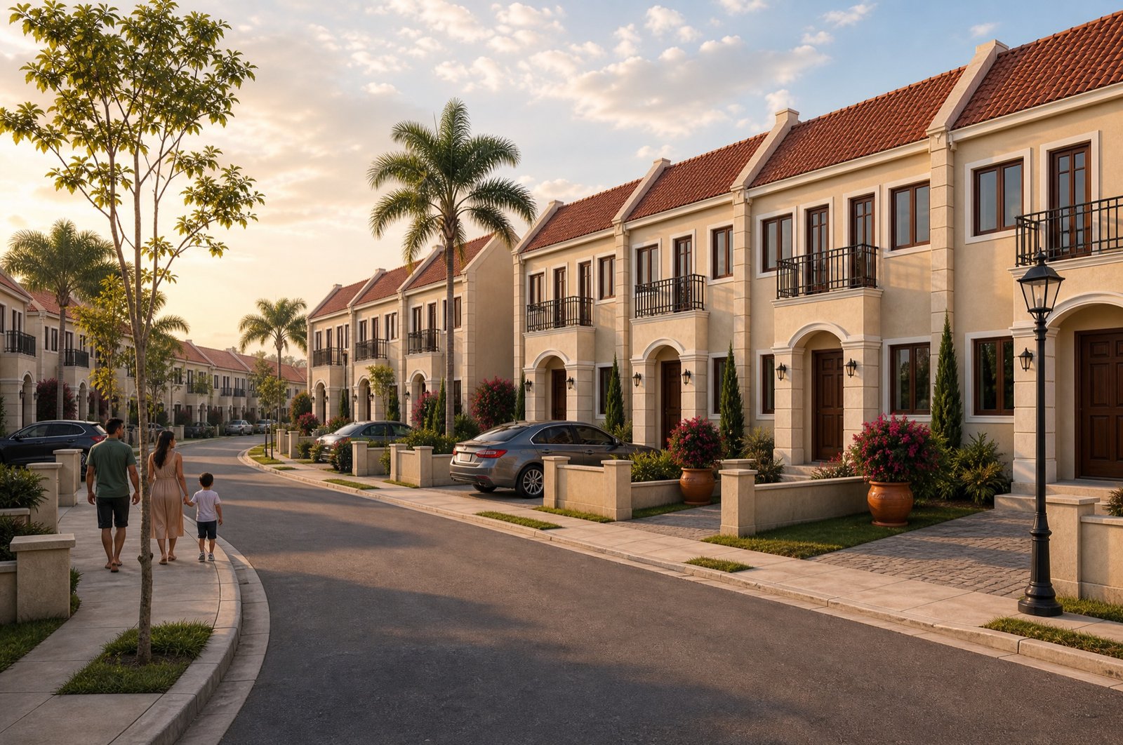 Tree-lined residential street with townhome terraces at golden hour
