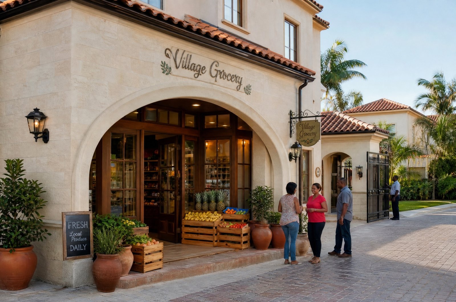 Village grocery storefront with fresh produce display